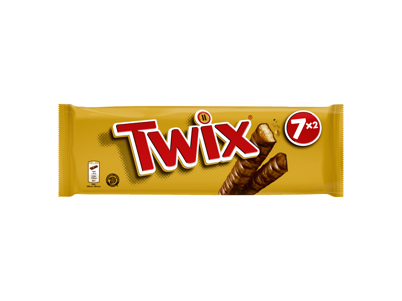 Twix chocoladereep multipack met twee chocoladevingers, 7x2 verpakking.