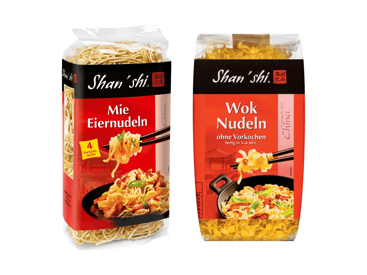 Zwei Packungen Shan'shi Nudeln: Mie Eiernudeln und Wok Nudeln.