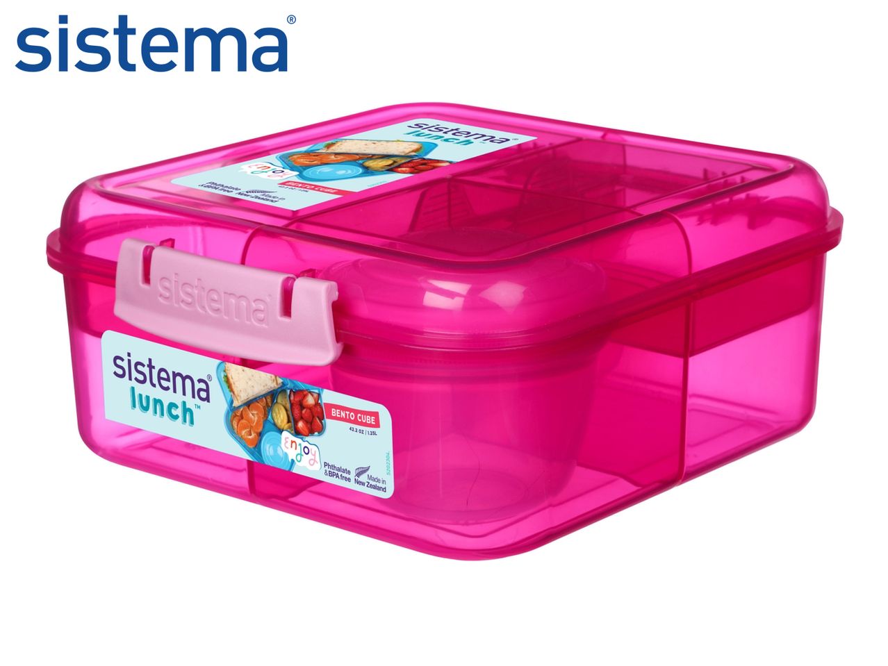 Pink Sistema Lunch box with multiple compartments.