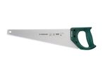 A hand saw with a green plastic handle.