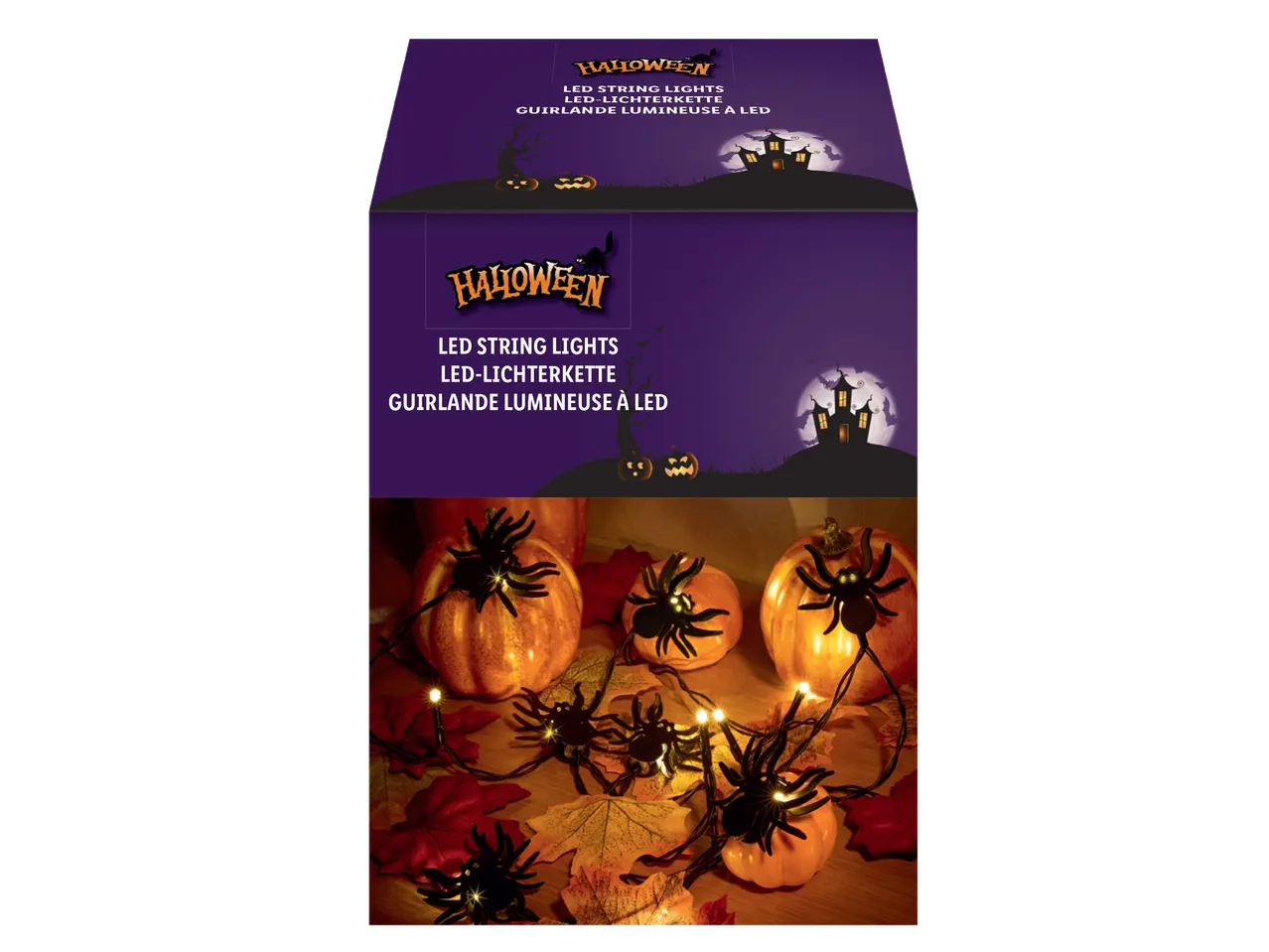Halloween LED fényfüzér pókokkal és tökökkel