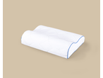 Livarno TopCool Neck Support Pillow, white with blue piping, on a beige background