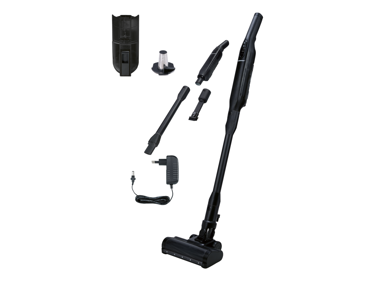 Bežični usisavač s dodacima, uključujući punjač, nastavke i spremnik za prašinu, na crnoj pozadini.