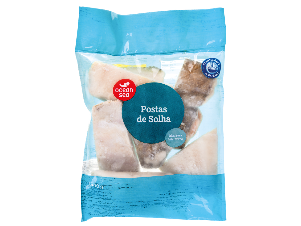 Filetes congelados de solha da marca Ocean Sea em embalagem de 700g, ideal para fritar ou assar.