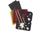 Craft kit with paper, wooden sticks, and wire for making a lantern.