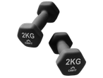 Dois halteres Crivit pretos de 2 kg sobre um fundo preto.