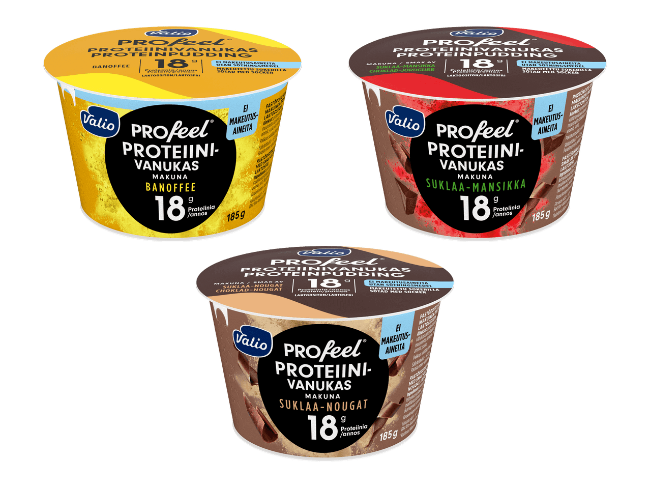 Kolme Valio PROfeel -proteiinivanukasta: banoffee, suklaa-mansikka ja suklaa-nougat.