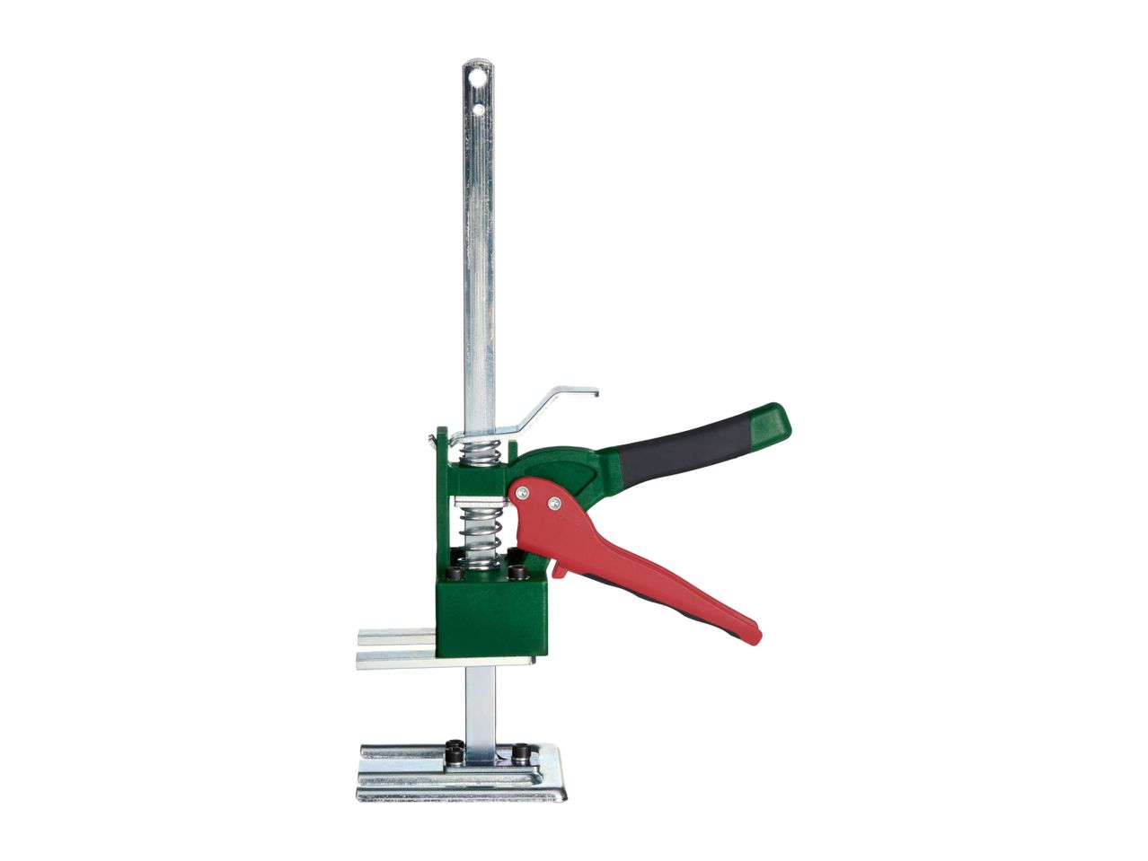 Green and red tile leveling system with a metal rod and handle