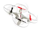 White drone with black and red propellers, with motion blur effect