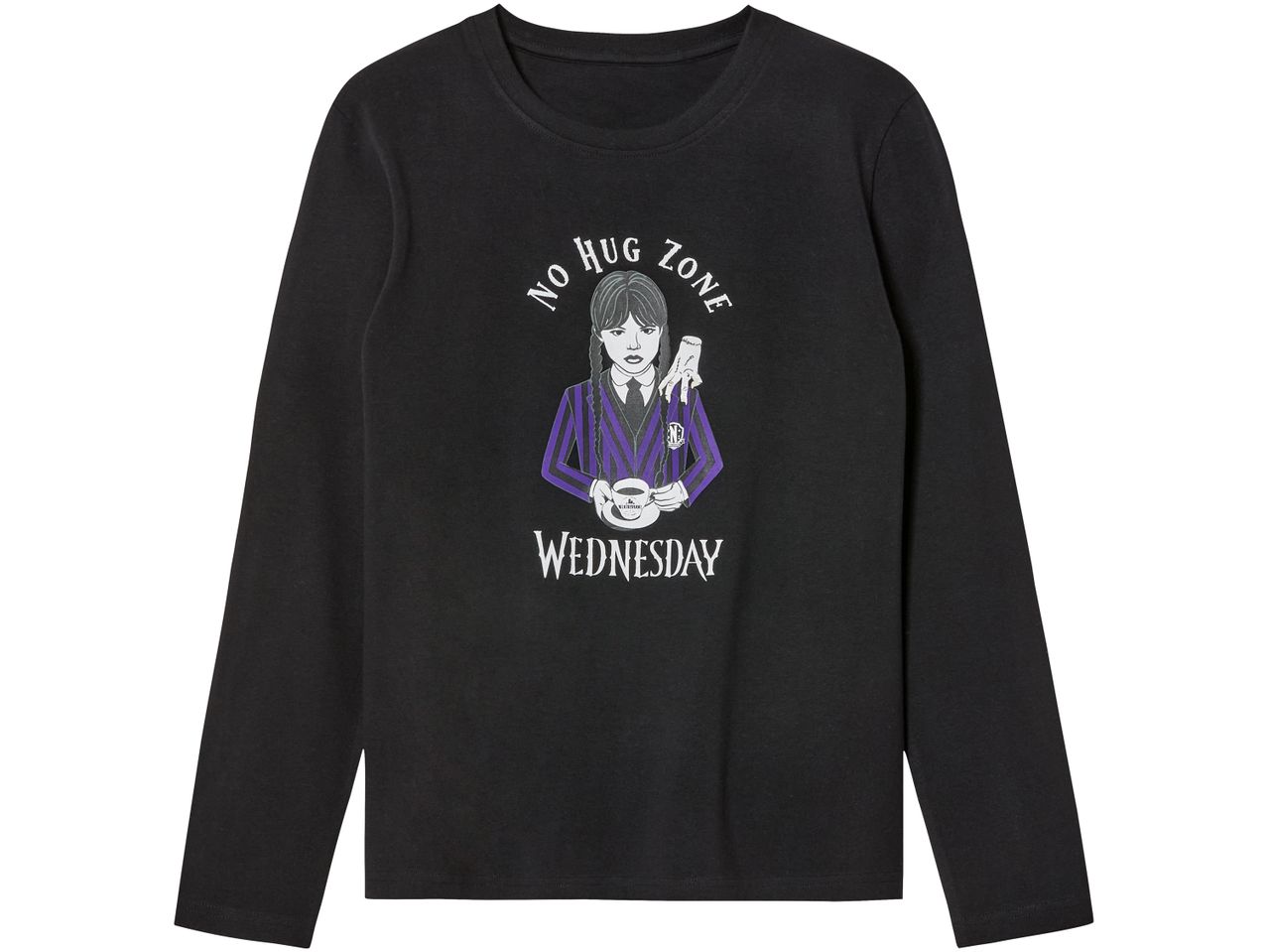 Black long-sleeved t-shirt with a Wednesday Addams graphic and 'NO HUG ZONE' text.