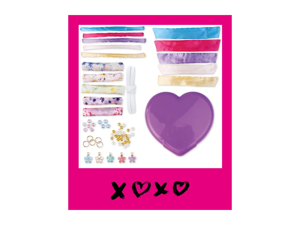 DIY hair scrunchie kit with colorful fabrics, beads, charms, and a heart-shaped case.