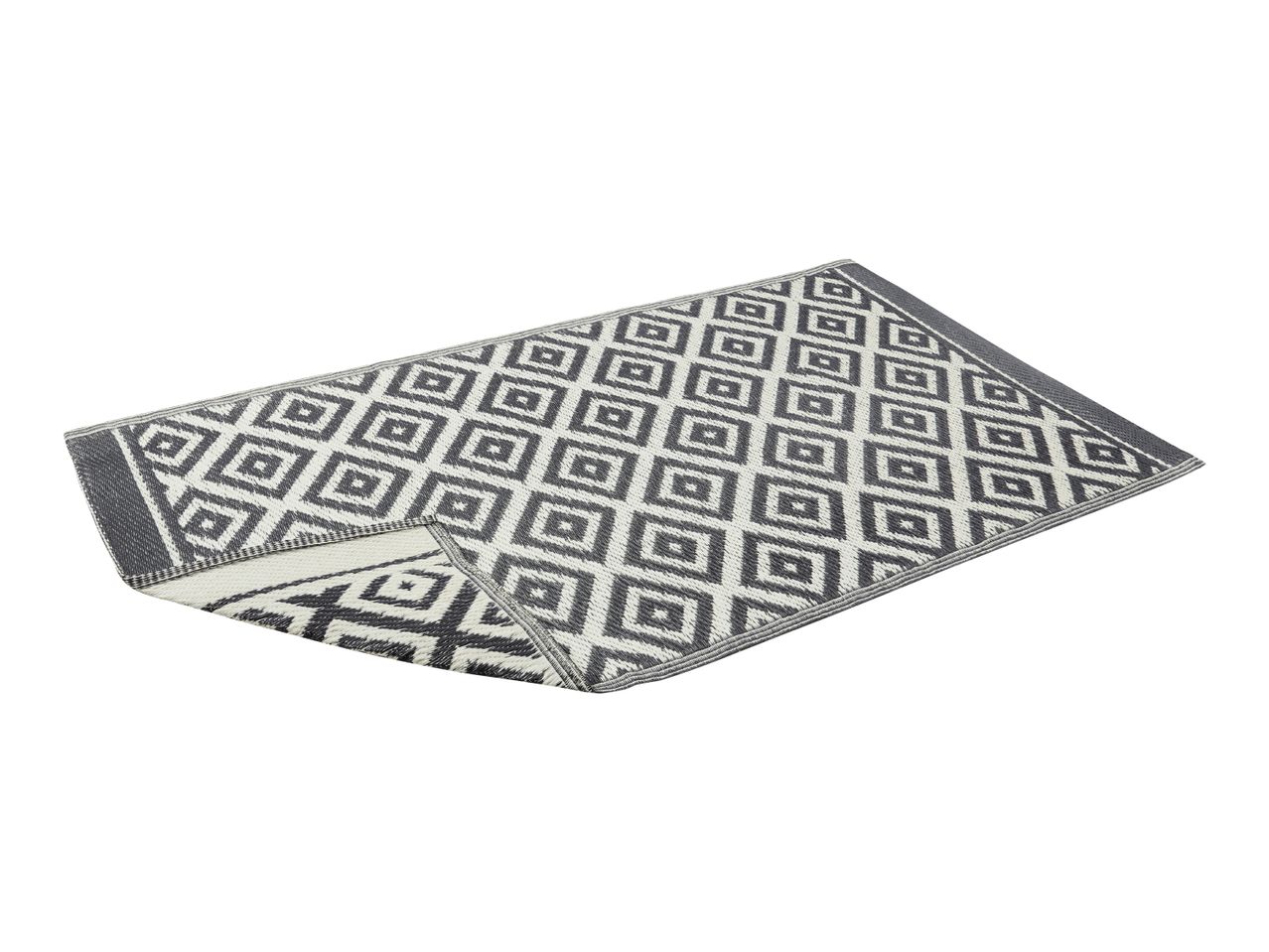 Grey and white geometric pattern outdoor rug, folded