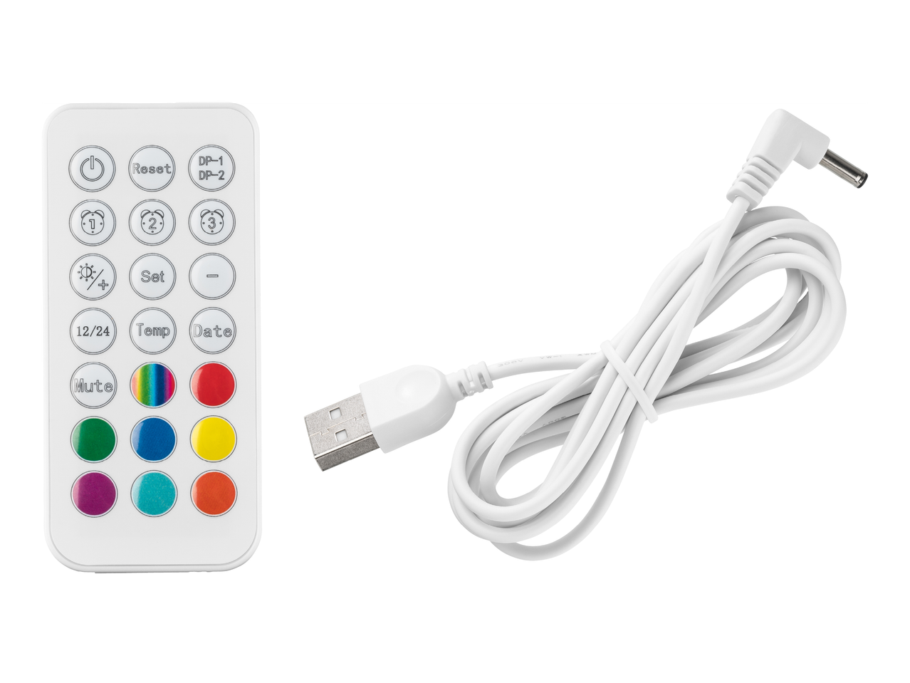 Дистанционно управление с бутони за цвят, температура, дата и USB кабел.