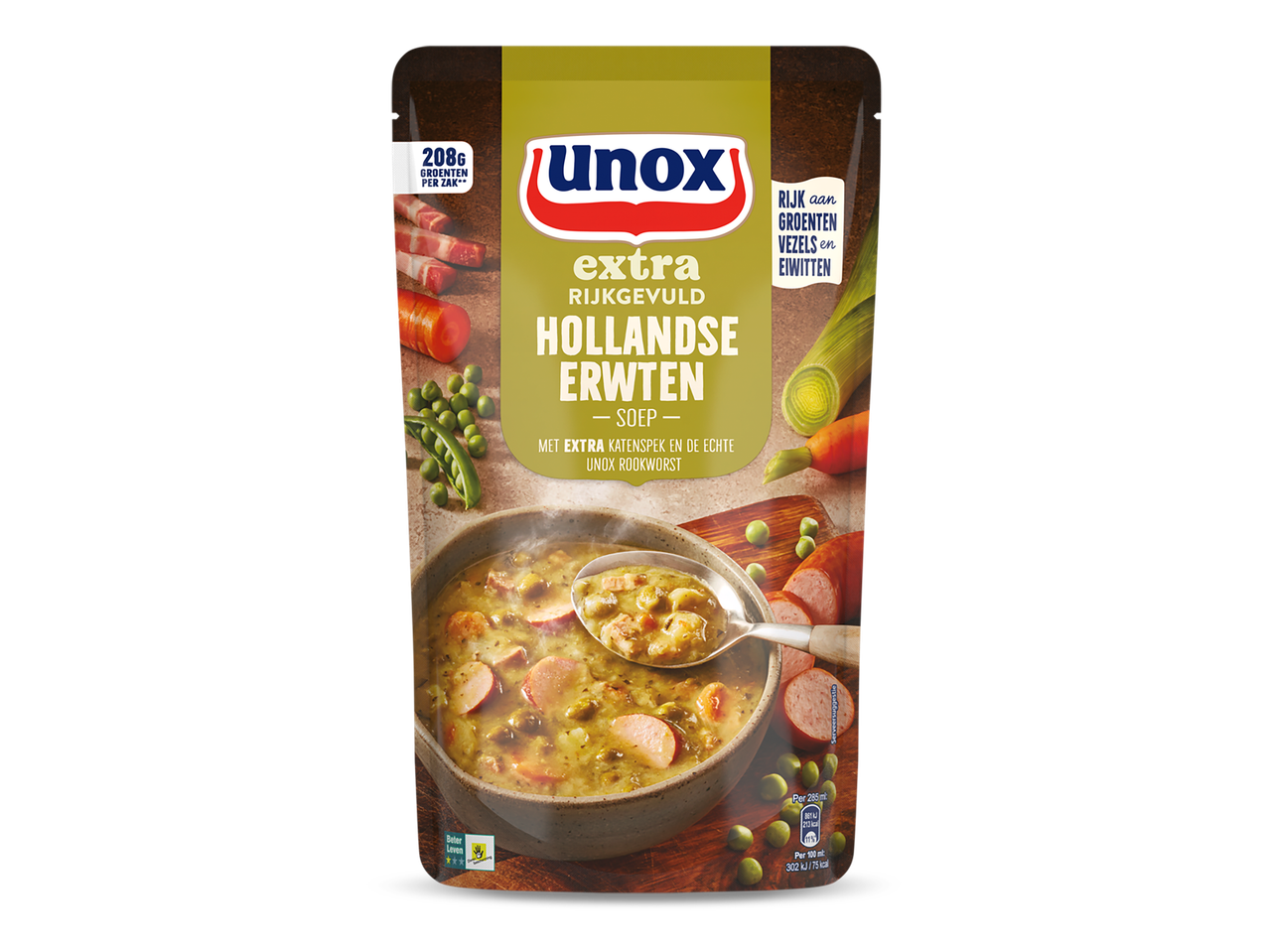 Verpakking van extra rijkgevulde Hollandse erwtensoep met katenspek en rookworst.