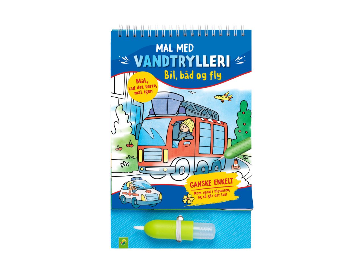 Malebog med vandtrylleri, biler, både og fly, med en genopfyldelig vandpen.