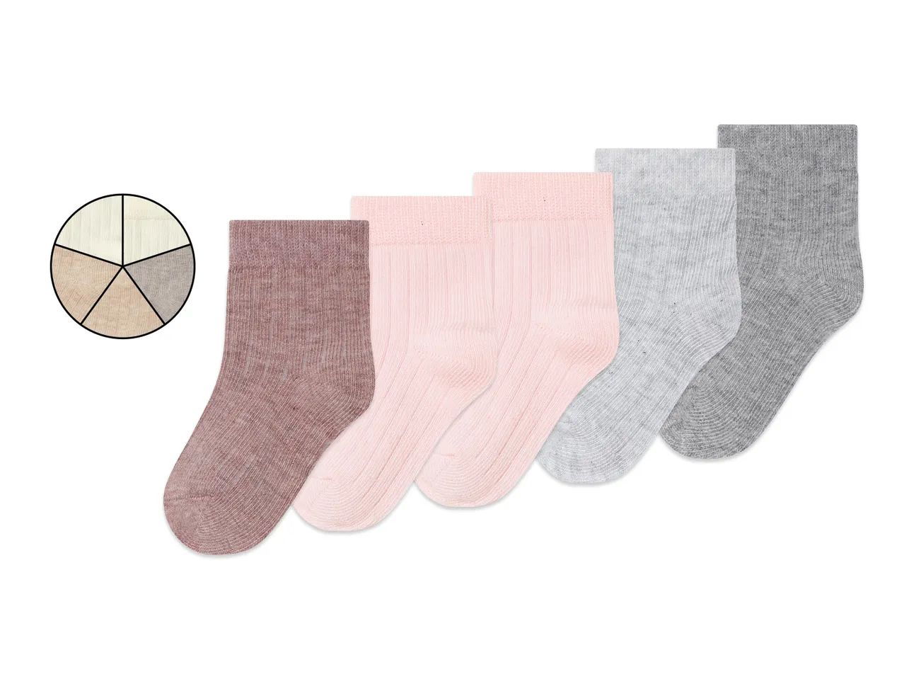 Five pairs of baby girls' ankle socks in pink, mauve, grey and beige.