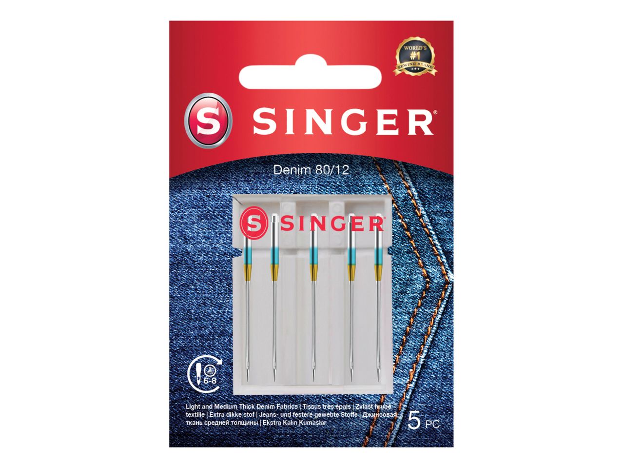 Pack of 5 denim sewing machine needles, size 80/12, for light to medium thick fabrics.
