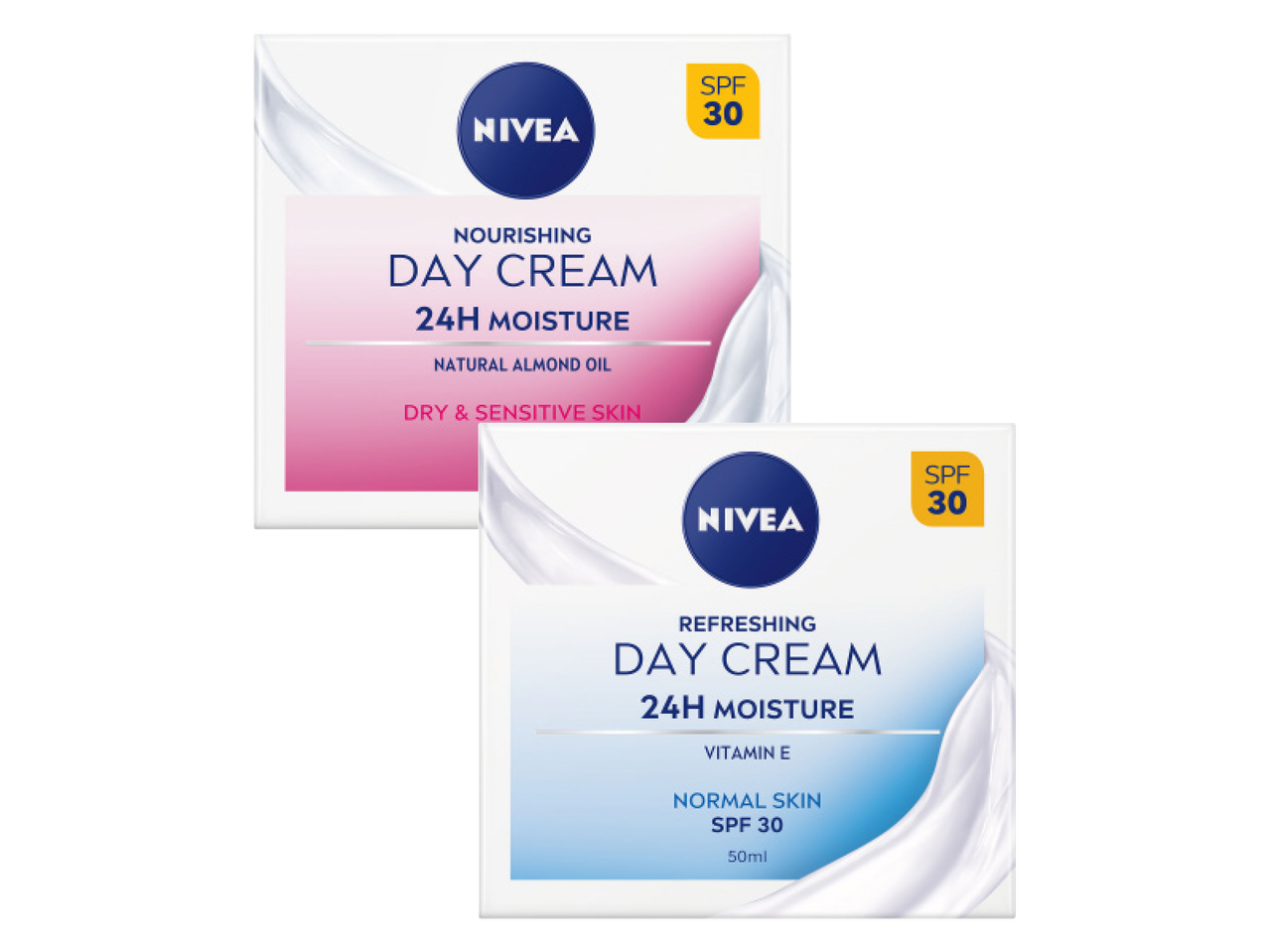 Kaks Nivea päevakreemi SPF 30-ga: toitev kuivale nahale ja värskendav normaalsele nahale.