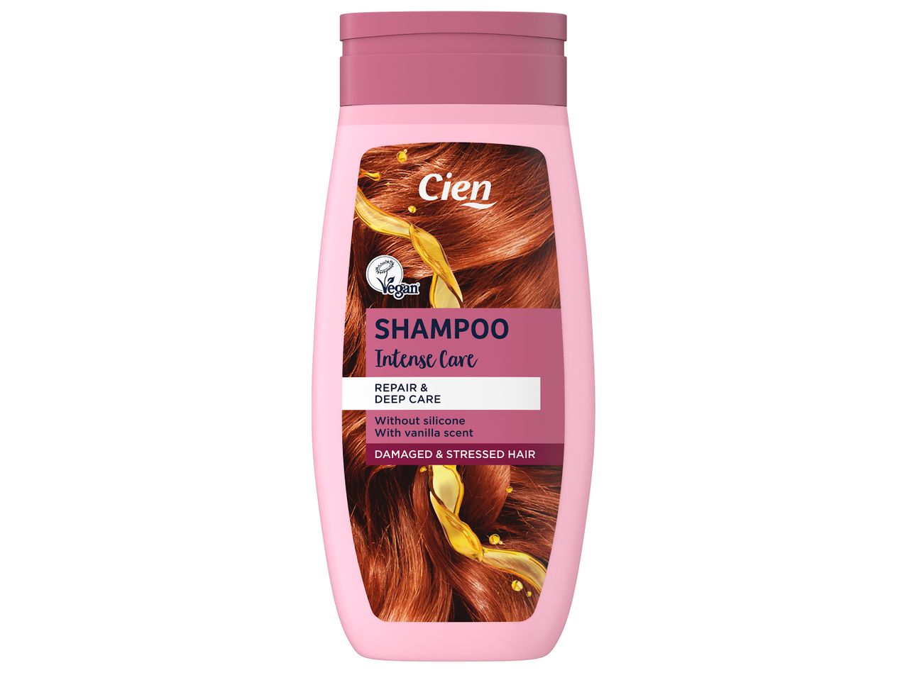 Cien шампоан Intense Care за увредена и стресирана коса, без силикон, с аромат на ванилия.