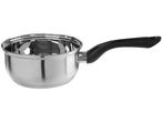 A stainless steel saucepan with a black handle.