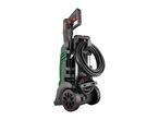 A black and green pressure washer with a coiled hose and wheels, viewed from an angle.
