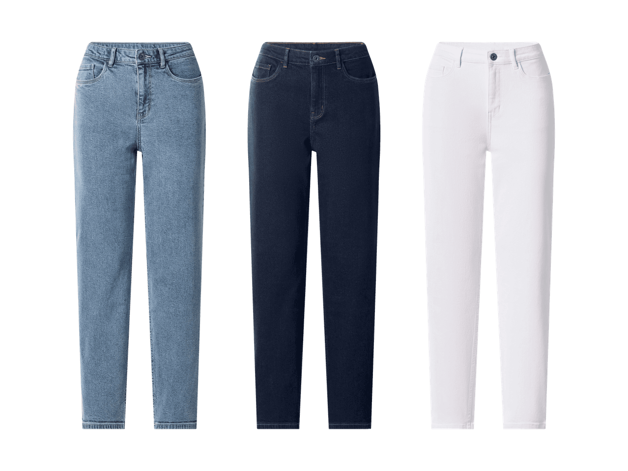 Drei Damenjeans aus Denim: eine hellblaue, eine dunkelblaue und eine weiße.