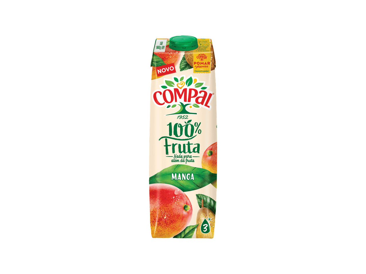 Embalagem de sumo de manga 100% fruta, com a indicação 'NOVO' e 'Nada para além da fruta'.