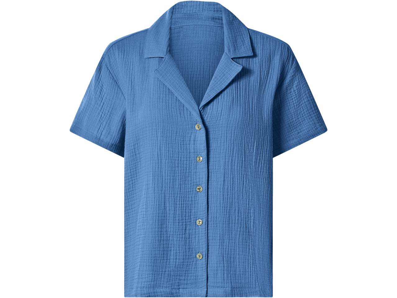 Blusa de musselina azul ESMARA para mulher, de manga curta e com botões.