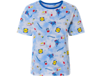 Light blue t-shirt with a grocery-themed pattern including shopping carts, canned goods, eggs, sausages, and bottles, with the word 'GROCERIES' repeated.