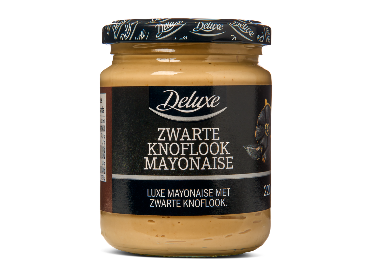 Deluxe Zwarte Knoflook Mayonaise in een glazen pot.