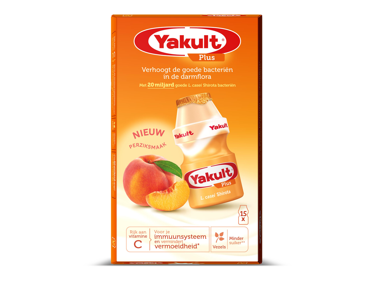 Een verpakking van een gefermenteerde melkdrank met perziksmaak, rijk aan vitamine C en minder suiker.