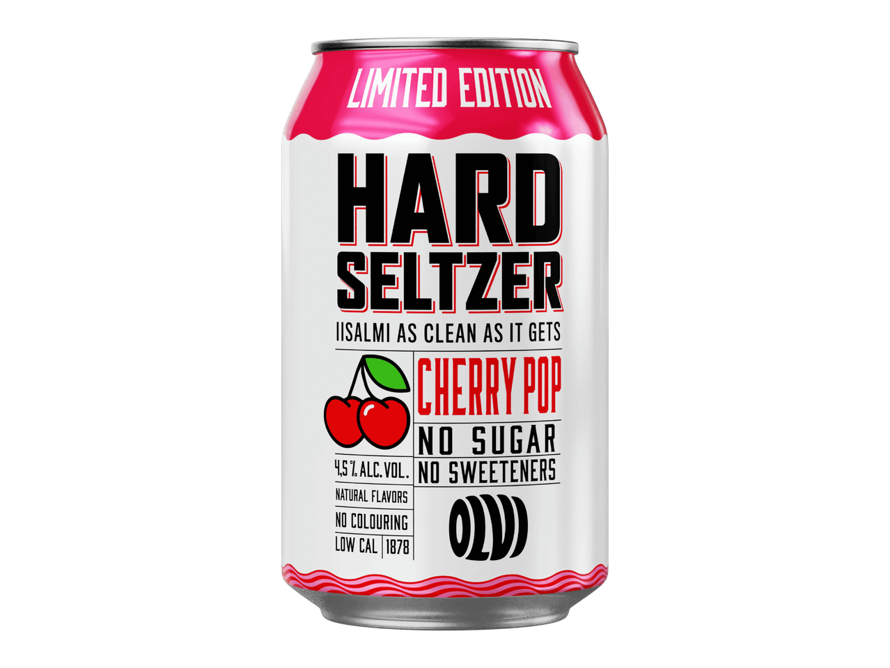 Limited Edition Hard Seltzer Cherry Pop -juomatölkki, 4,5 % alkoholia, ei sokeria, ei makeutusaineita.