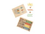 Wooden math learning toy with number discs, counting sticks, and arithmetic symbols.