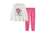 White long-sleeve pajama top with a cartoon character print and pink heart-patterned bottoms.