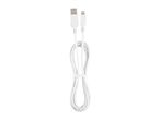 White USB to Lightning charging cable, coiled and secured with a white tie.