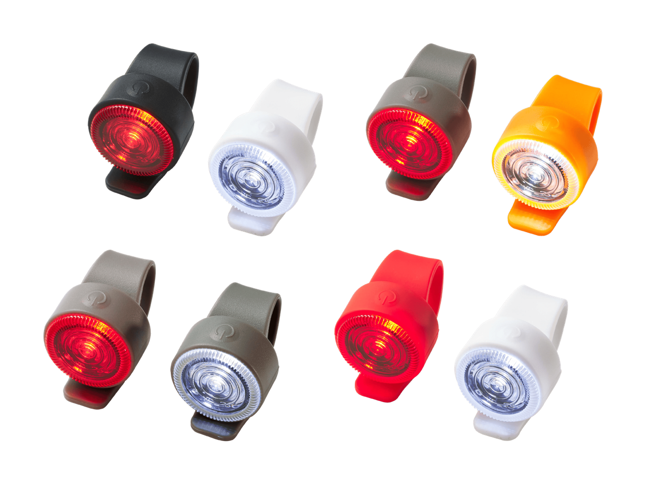 LED-Sicherheitsleuchten-Set für Fahrräder in verschiedenen Farben, rot und weiß.