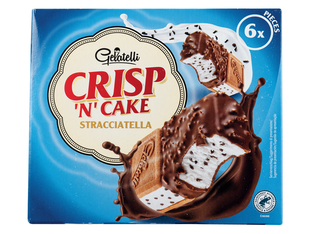 Gelatelli Crisp 'n' Cake Stracciatella palitos de sorvete: 6 pedaços cobertos com chocolate.