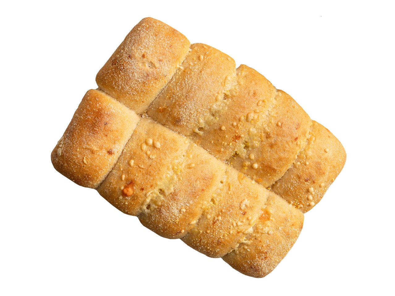 Fokhagymás, sajtos zsemle, tetején szezámmaggal.