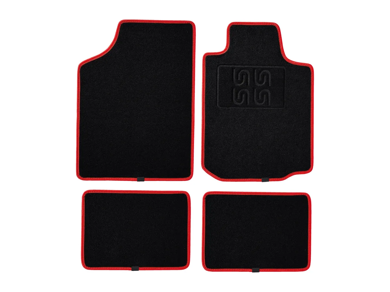 Black car floor mats with red trim.