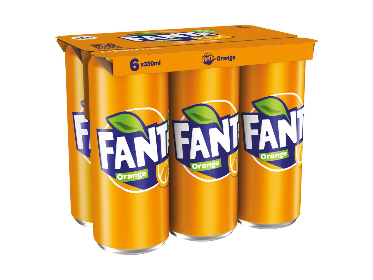 A six-pack of Fanta Orange soda cans in a cardboard carrier.