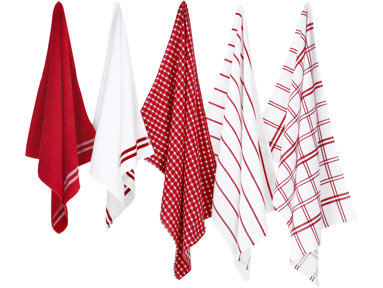 Σετ κόκκινων και λευκών πετσετών κουζίνας με διάφορα σχέδια.