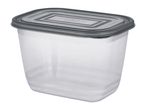 Clear plastic food storage container with a dark gray lid