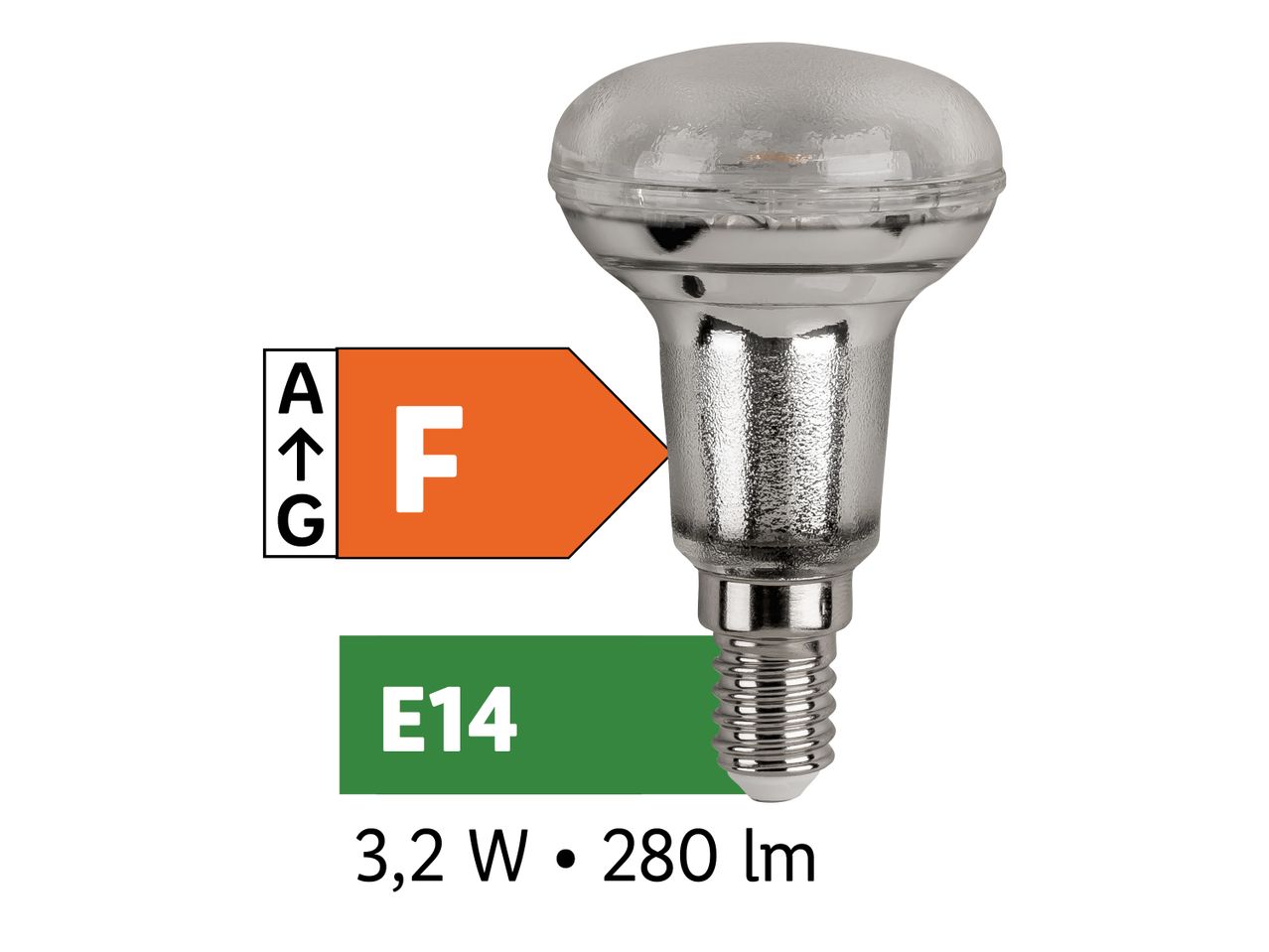 LED žarnica E14 z oznako energijske učinkovitosti F, 3,2 W in 280 lm.