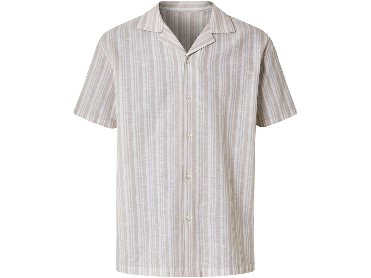 Beige linen short-sleeved shirt with vertical stripes.