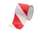 Ruban de signalisation rouge et blanc enroulé sur un rouleau.