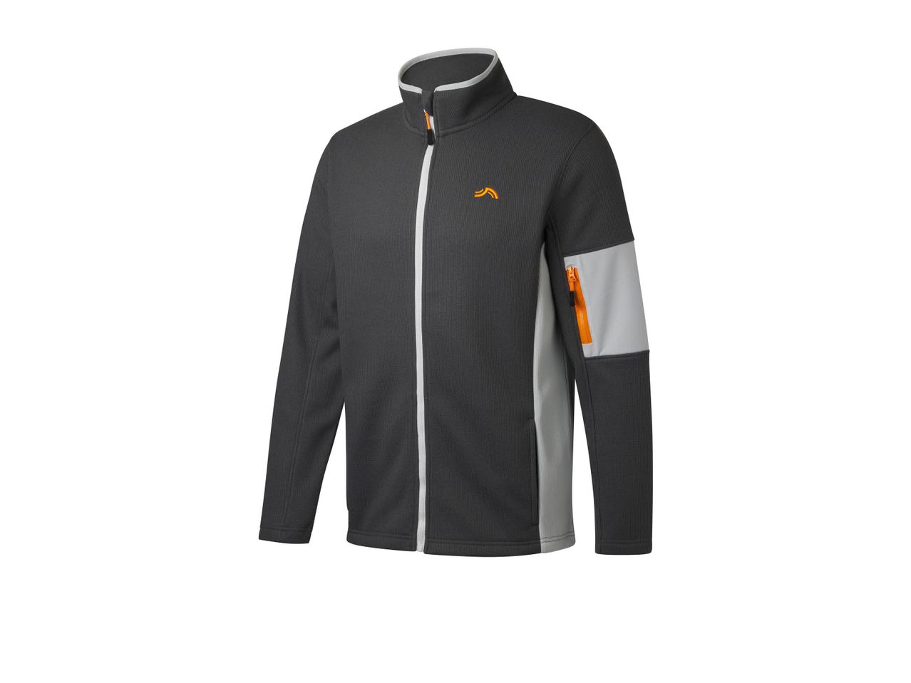 Dark gray and light gray athletic knitted fleece jacket with orange accents