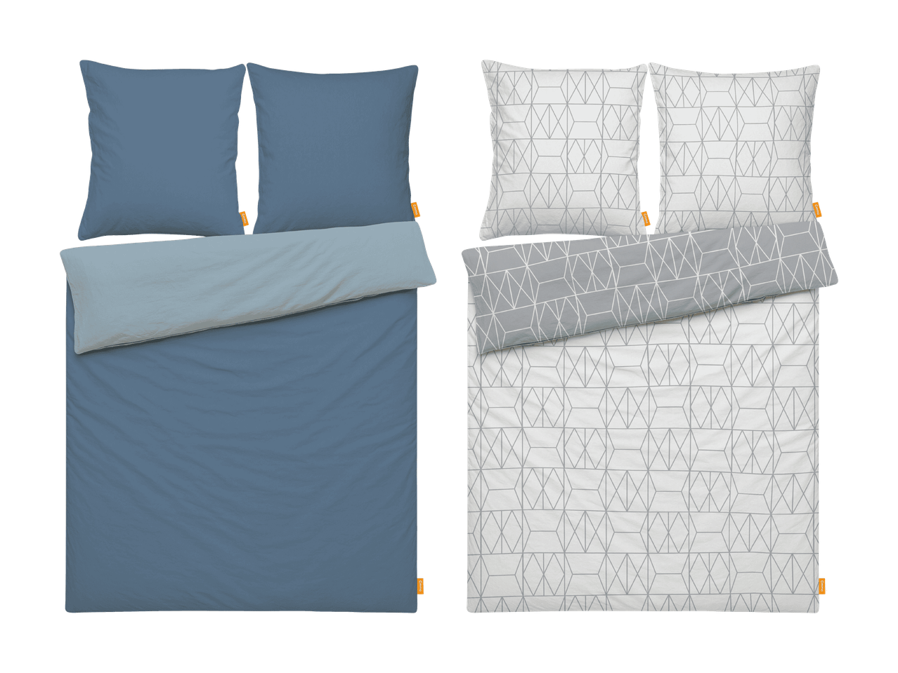 Parure de lit double face en bleu et gris clair avec deux taies d'oreiller.