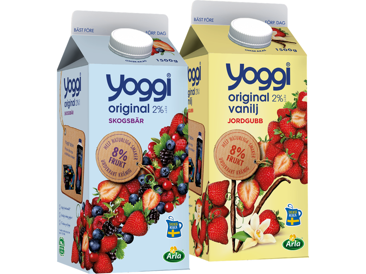 Två Yoggi Original yoghurtförpackningar, en med skogsbär och en med jordgubb & vanilj.