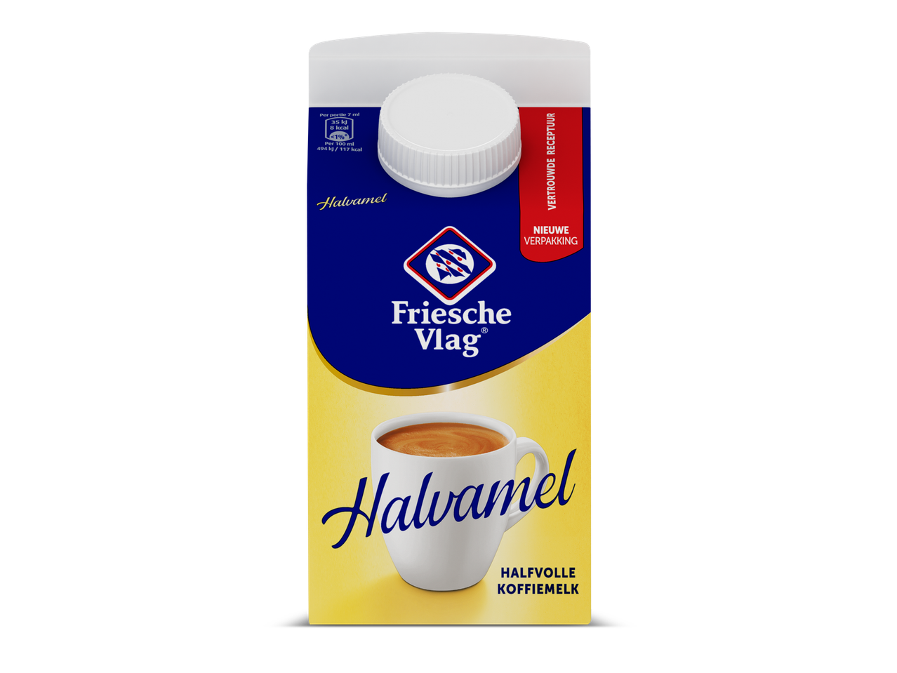 Een pak halfvolle koffiemelk met een kopje koffie en voedingsinformatie.