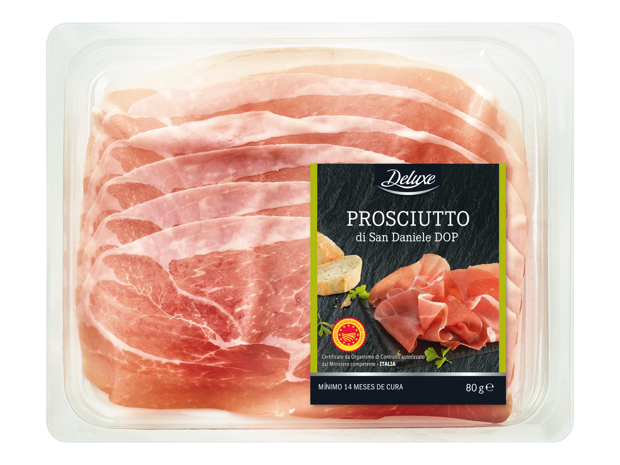 Embalagem de Presunto San Daniele DOP Deluxe, fatiado, 80g.